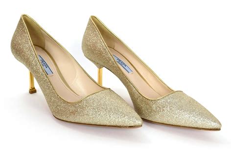 prada gold glitter shoes|Prada flat heel shoes.